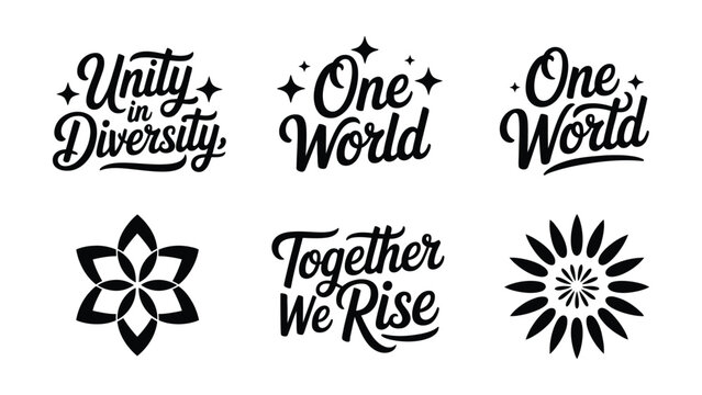 Black and white inspirational quote typography and logo designs for unity and togetherness concepts