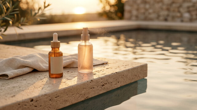 Luxury Skincare Serum and Face Mist Bottles on Travertine Surface by Swimming Pool at Sunset