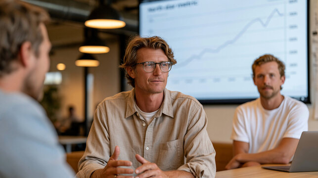 Startup metrics review session with three department heads, wall projection showing north star metric trajectory, late afternoon warm office lighting, whiteboard beside screen covered in cohort brea
