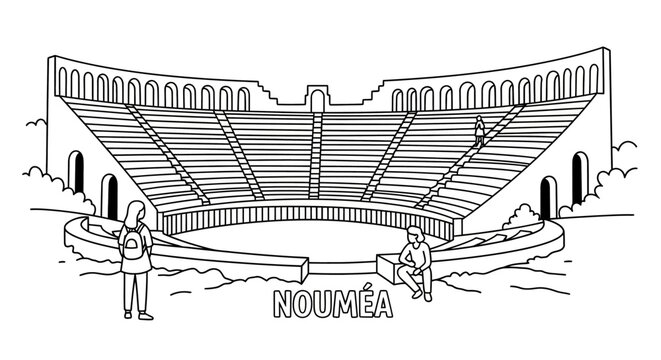 Illustration of Ancient Noumea Amphitheater with Tourists.