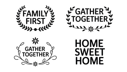 Black and white typographic illustrations with floral wreaths and home sweet phrases © MSTTASPRIYA