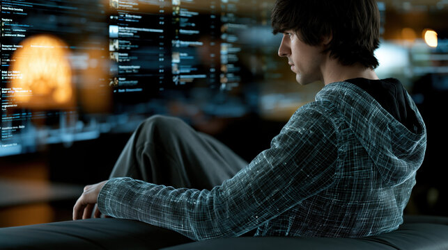 Hacker programmer hoodie young man computer code cyber screen technology dark cyberpunk hacker programmer hoodie young man near computer code cyber screen technology dark room focused digital