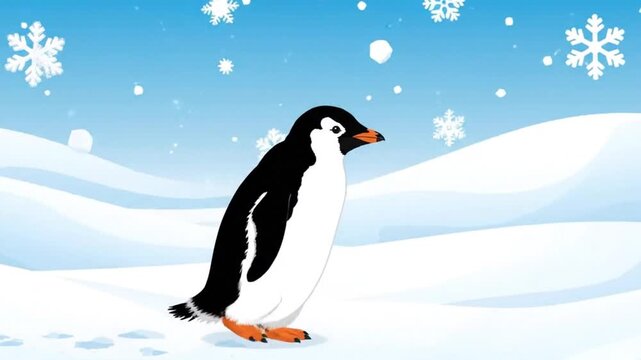 Animated penguin standing and gently moving in a snowy winter landscape with falling snowflakes.