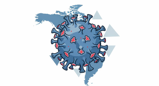Virus particle graphic floating over a world map background