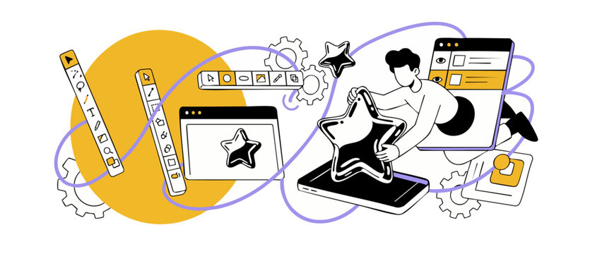 UX UI design vector illustration of a creative designer developer building a mobile app interface using digital tools and star icons for a modern technology and web development workflow concept