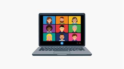 Obraz premium Laptop screen displaying a video conference with diverse cartoon people on colorful backgrounds