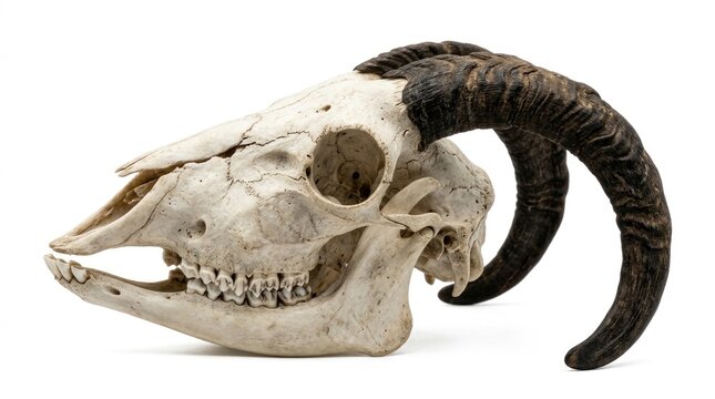 Goat skull with horns isolated white.