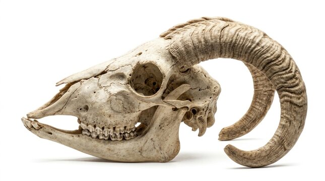 Goat skull with large curved horns.
