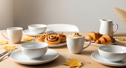 Fototapeta premium Breakfast table with coffee, croissants, and cinnamon rolls. autumnal brunch setup