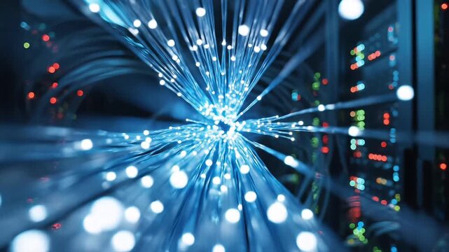 Fiber optic network connection in modern data center server room