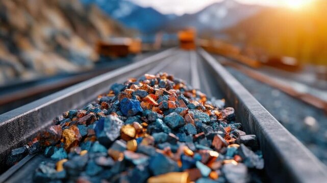 Colorful metal ores on train track in mountainous landscape at sunrise