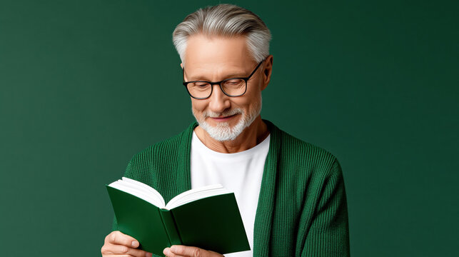 Senior man reading book elderly man green cardigan older male portrait happy reader glasses grey hair beard casual white shirt green background calm expression peaceful mood studio lighting