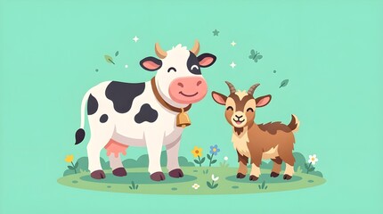 Naklejka premium Cute cartoon cow and goat standing on green field illustration