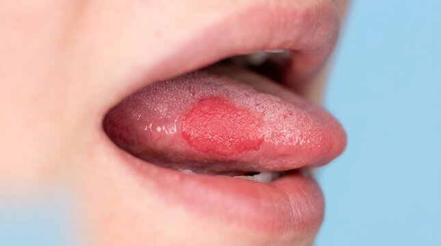 Close-up view of a human tongue with a red inflammatory patch and irritation on the surface