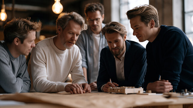 Early-stage startup team of five clustered around prototype hardware on workshop bench, warm overhead bulb light, engineers and business leads debating manufacturing cost versus margin scaling path 