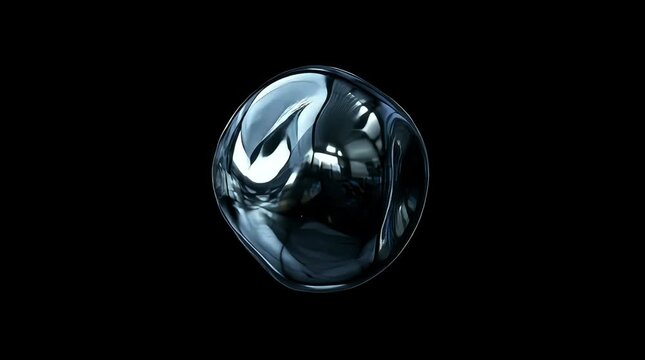 Abstract liquid metal sphere floating on black background, futuristic 3D rendered chrome orb with reflective surface and organic movement