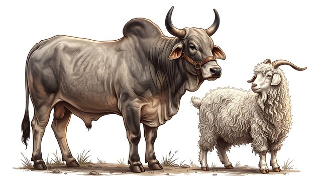 Brahman bull and fluffy Angora goat illustration on white background