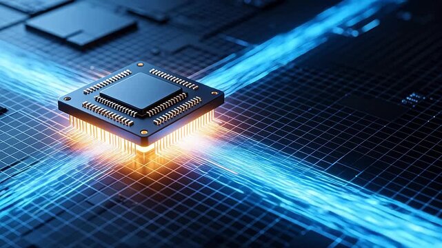 Electronic microchip with pins surrounded by glowing orange and blue data lines on circuit board