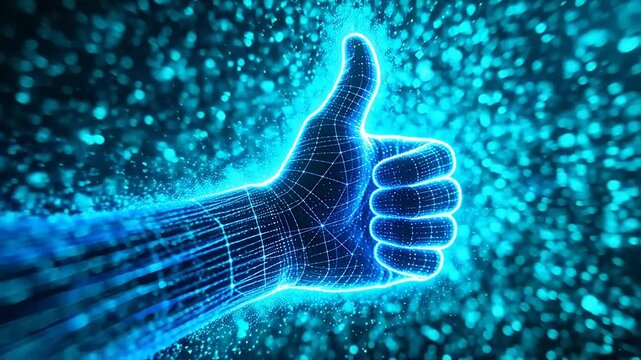 Digital blue thumb up gesture made of glowing particles and lines
