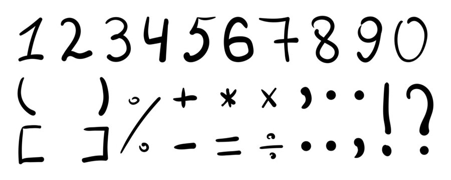Hand drawn numbers and symbols set doodle style vector illustration