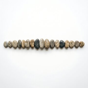 Row of small smooth pebbles on white surface