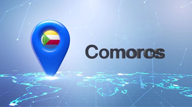 Comoros Flag Inside Location Pin On Digital World Map Animation