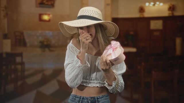 Woman in summer hat holding a heart shaped pink gift box with hand to mouth gesture in building; surprise affection tenderness romance.