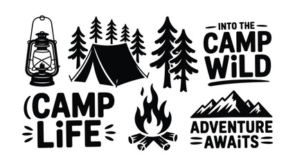 Camping and outdoor adventure graphics with tent lantern trees campfire and mountains  outdoor recreation symbols © MSTTASPRIYA