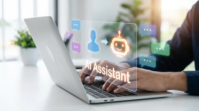 Person using laptop with ai assistant interface on screen in office setting with plants