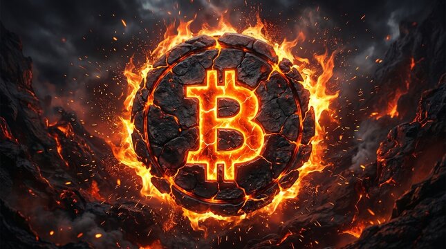 Round shaped bitcoin logo in fire