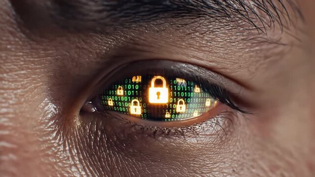 Close Up of Human Eye with Digital Cyber Security Data Reflection
