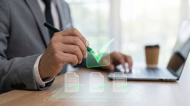 Businessman in suit signs document with digital e signature on laptop screen in office