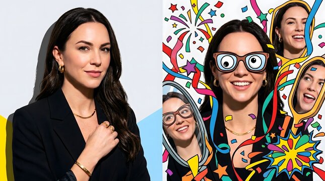 Woman in business attire and playful multiple portrait collage with colorful confetti and festive expressions