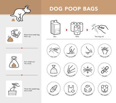 Garbage bag for dog poop user instruction set icons. The outline icons are well scalable and editable. Contrasting elements are good for different backgrounds. EPS10.