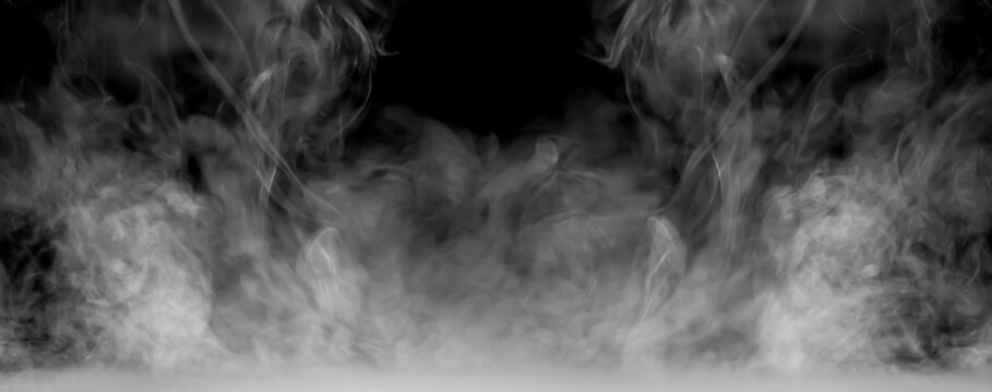 Realistic white smoke and fog overlay isolated on black background with detailed mist texture, swirling vapor effect and atmospheric haze, ideal for cinematic design, photo editing, spooky scenes.