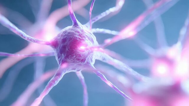 Slow motion tracking shot of neuron firing with glowing synapses in neural network laboratory visualization