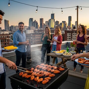 Diverse group of friends enjoying a rooftop barbecue party at sunset in the city.