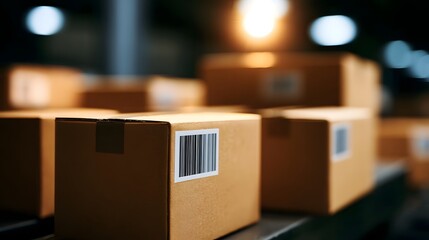Naklejka premium A collection of blurred shipping boxes arranged under warm corporate lighting symbolizing logistics and commercial delivery