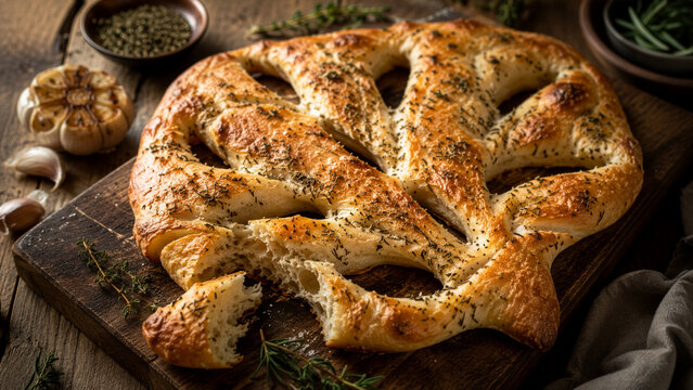 Traditional French Fougasse Bread With Herbs On A Rustic Wood Board