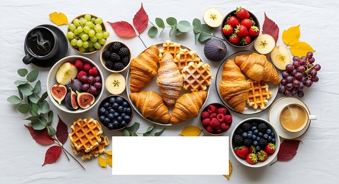 Fresh breakfast spread with fruits, croissants, and coffee on a table. autumnal brunch setup