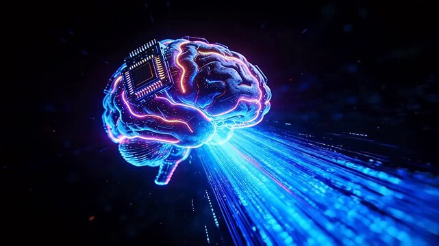 Human brain with electronic chips and neon data lines glowing in artificial intelligence concept