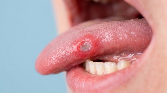 Close-up of a painful mouth ulcer on the side of a human tongue showing inflammation and a white center