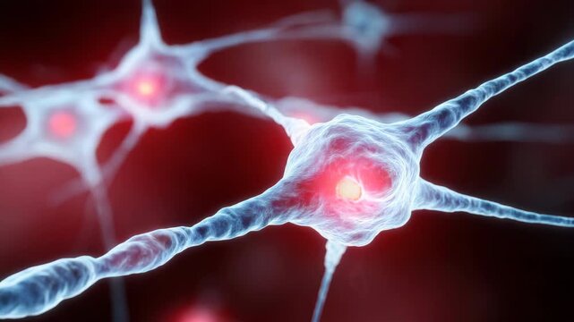 Slow motion tracking shot of neuron cells firing and transmitting signals across neural network in brain tissue close up