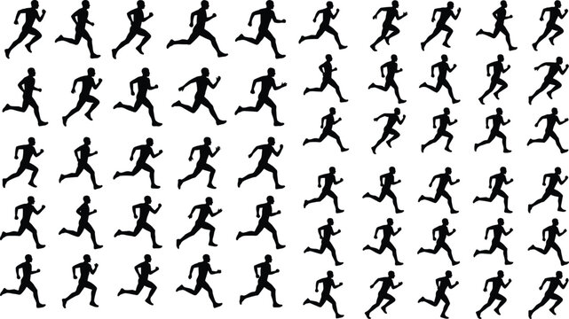 Large collection of running man silhouettes showing various sprinting and jogging poses for sports fitness and athletic motion design projects