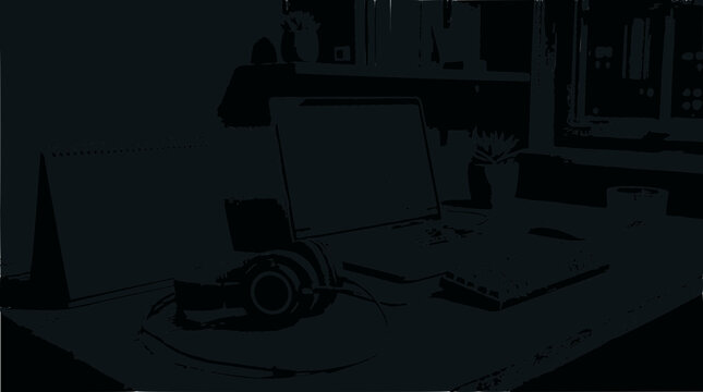 Modern Home Office Desk Setup with Laptop, Headphones, and Calendar
