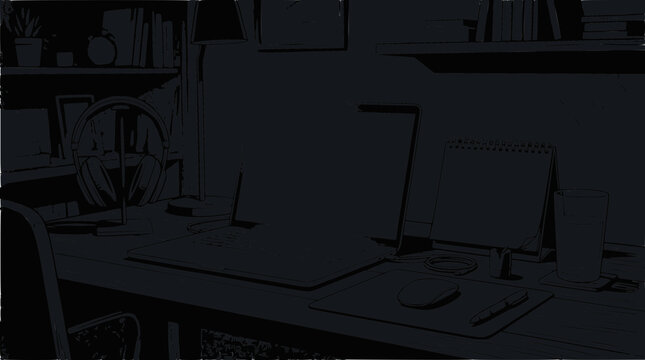 Cozy Home Office Desk with Laptop, Headphones, and Books