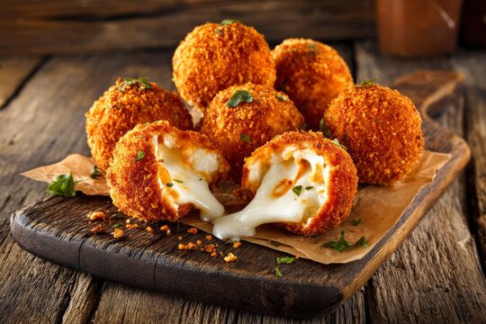 Crispy Fried Mozzarella Balls on Wooden Board with Melting Cheese and Garnish for Delicious Appetizer Display