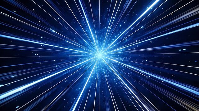 Bright light source emitting blue radial beams and particles in dark space