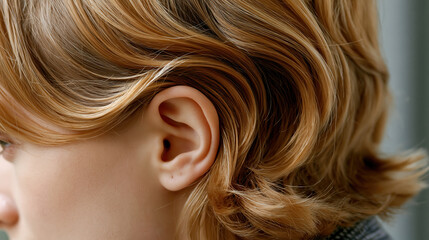 Fototapeta premium Close up ear blonde hair human profile soft light natural skin side view young adult brown eye smooth hair clean ear healthy skin facial detail ear anatomy Caucasian neutral background short hair