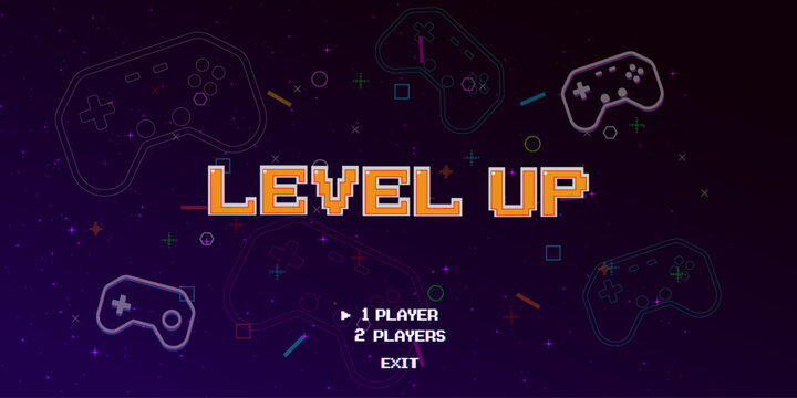 LEVEL UP icon, pixel art 8 bit. Retro Futurism Sci-Fi Background. glowing neon grid and stars from vintage arcade computer games